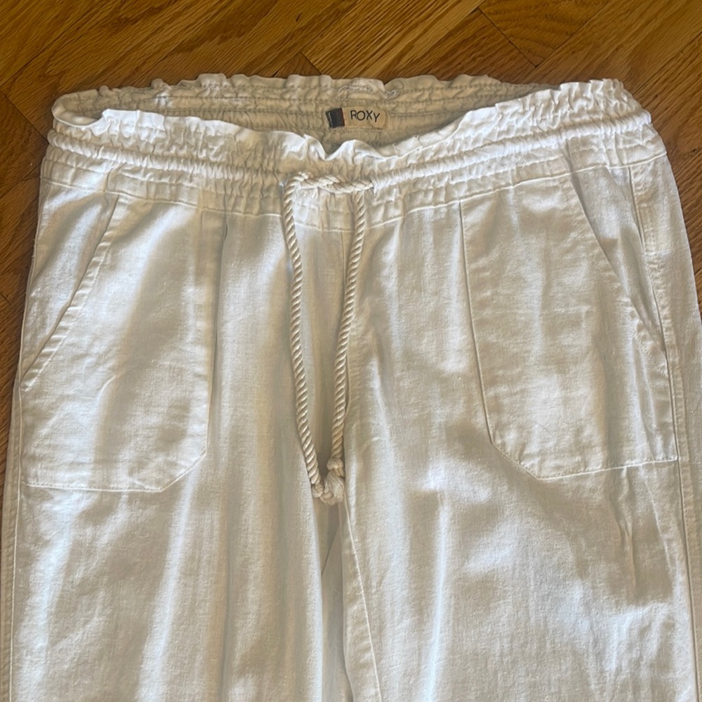 Roxy White Drawstring Linen-Blend Wide Leg Pants